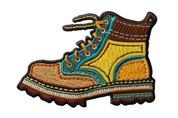 colorful embroidered hiking boot patch isolated on transparent background. perfect for decorating ja