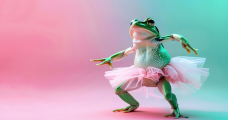 Wall Mural - happy smiling green frog in a pink tutu dancing on a light pastel background