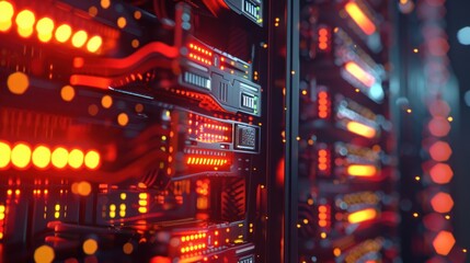 close up view of rack machine data center, 3D rendering of computer data center