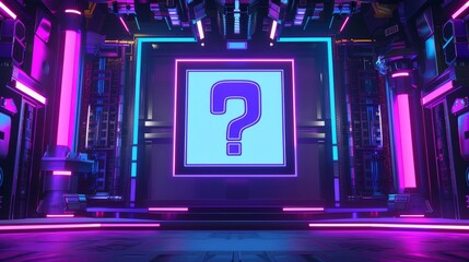 Wall Mural - Game stage for quiz show contest on TV channel with answers on screen. Neon tournament theme at live event.