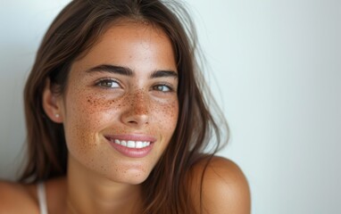 A young adult Latina woman with freckles on her face smiling happily