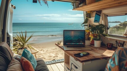 Wall Mural - Alternative office for smart working and digital nomad vanlife lifestyle. One laptop on the camper van table with nature beach amazing beautiful view. Freedom lifestyle people.