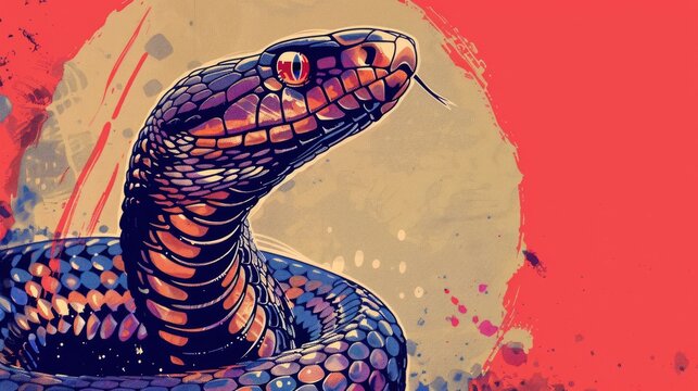 Vibrant painting of a snake on a bold red background, suitable for various design projects