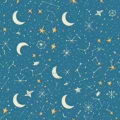 Wall Mural - Celestial Dreams: Moon, Stars, and Constellations Pattern on Blue Background