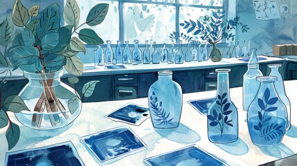 Wall Mural - Serene Blue Art Studio with Cerulean Toned Glass Bottles and Botanical Decor