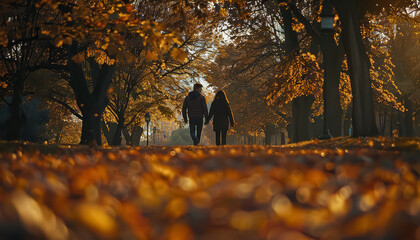 A couple is walking in a park with leaves on the ground