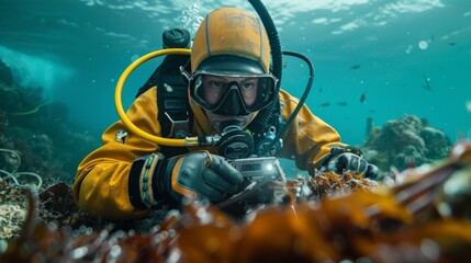 Wall Mural - Engineer in diving gear inspecting fiber optic cables on the ocean floor
