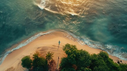 An aerial view of two individuals standing on the beach, overlooking the azure waters with surfboards in hand AIG50