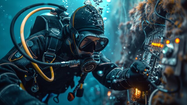 Engineer in diving gear inspecting underwater fiber optic cables, overlaid with control panel visuals