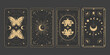 © Alyona - Tarot reverce border magic sacred cover card frame gold line border celelstial mystery esoteric decoration with moth stars and moon on dark background.
