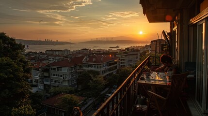 Wall Mural - A photography of apartment at istanbul , dark and warm atmosphere, 8 floor, sunset and sea view