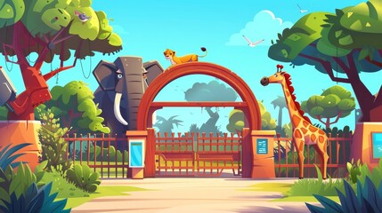 Wall Mural - Animated cartoon landscape of a zoological park with elephant, zebra, lion, giraffe, monkey and hippo in a wooden archway.