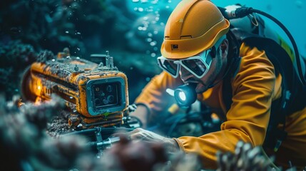 Wall Mural - Engineer using underwater robots to install fiber optic cables