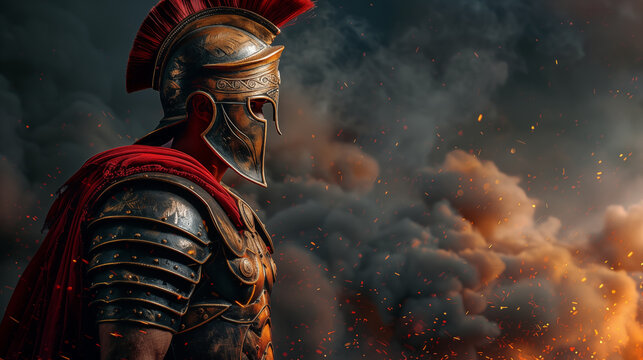 Fearsome warrior in ornate red helmet and armor surveying battlefield amidst fiery explosions. Concept of ancient warfare, conquest.