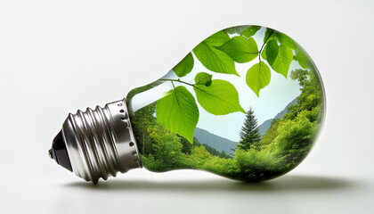 eco green light bulb with leaves inside, in the style of photo-realistic landscapes, global imagery, sustainable design, shaped canvas, highly detailed foliage, white background