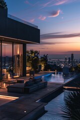 Wall Mural - an modern villa terrace in beverly hills ,with modern design of livingroom space, chais lounge in terrace with fantasctic city view, midnight