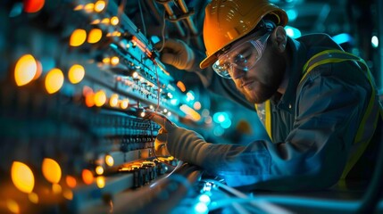 Wall Mural - High-detail photo of an engineer working with fiber optic cables on a ship deck