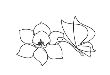 Wall Mural - Flower with flying butterfly continuous line art drawing. Plumeria one line symbol. Vector hand drawn illustration isolated on white.