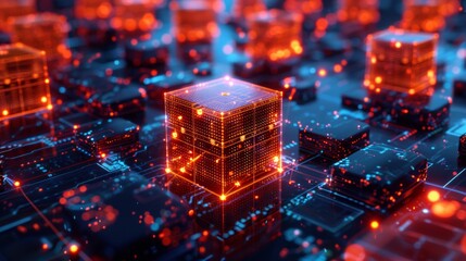 High-quality image of blockchain blocks overlaid with system security codes and market data