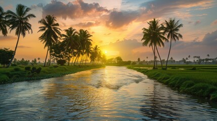 Wall Mural - beautiful shot photograph irrigation canal fresh water flowing sunset background wallpaper natural scenery