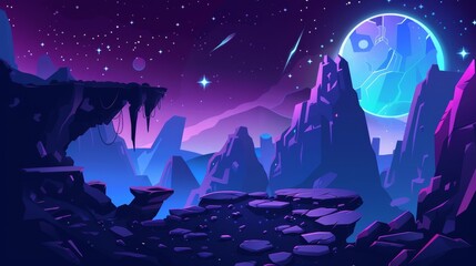 Sticker - Space adventure game background with a neon moon and rocky cliffs. Modern illustration of stars glowing in the dark sky, stone platforms hanging in air, and an alien planet surface.