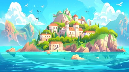 Poster - Castle from a fairy tale on an island surrounded by sea water. Cartoon modern illustration of a cityscape with old houses on green hills, a palace in the distance against a mountain backdrop, and