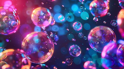 Poster - Colorful iridescent glass spheres or balls on black background with neon soap bubbles. Water foam, shiny bright soapy circles graphics, realistic 3D modern illustration.
