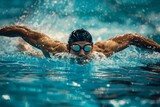 cloase-up nadador profesional compitiendo en los juegos olímpicos, prueba de natación 100 metros, cara de nadador nadando a gran velocidad 