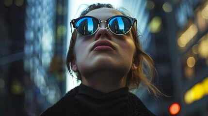 Outdoor close up portrait of young beautiful woman wearing trendy sunglasses, model posing in street of american city. Copy, empty space for text