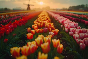 Wall Mural - A field of flowers with a bee flying in the middle