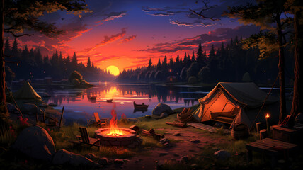 Wall Mural - Cozy campsite with tents and a campfire at sunset,