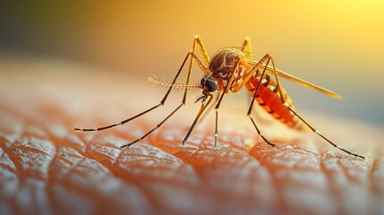 Close up of a mosquito standing on skin, with high detail, in the style of macro photography using a macro lens. Mosquito sitting on human skin showing sting macro shot.