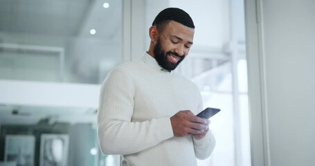 Poster - Smartphone, happy and businessman in office typing email, message or research online for law case. Smile, communication and male corporate attorney reading legal policy review on phone in workplace.