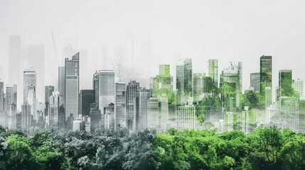 skyline shifting from gray to green, representing the journey towards carbon neutrality and a greene