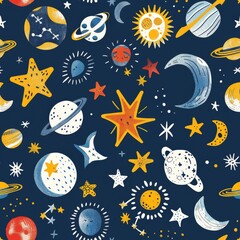 Wall Mural - Colorful Space Pattern with Planets, Stars, and Celestial Bodies