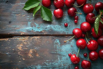 Wall Mural - Banner, top view with fresh sweet red cherries on old wooden background, copy space