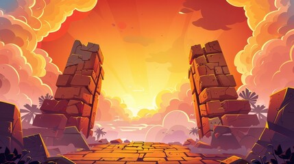 Wall Mural - Cartoon ancient game temple background. Stone platform for battleground. Maya arena floor with sunlight and clouds. Fantasy magic altar landscape. Old Egyptian rock podium used for fights or duels.
