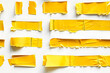 © john - set of yellow tapes on white background torn horizontal and different size yellow sticky tape adhesive pieces AI