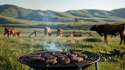 BBQ Steak grilled outdoors in the cattle farm area. Mountains hills background.