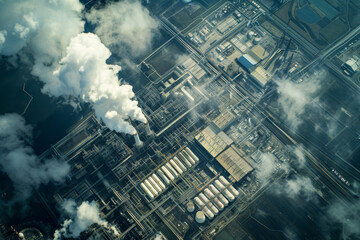 Wall Mural - Aerial image of a nuclear power plant and all its facilities emitting smoke