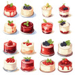 © kartunex - Vector illustration of different cakes. Set of colorful desserts with fruits.