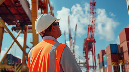 Wall Mural - A man in an orange safety vest stands in front of a power line. The sky is blue and the sun is shining brightly