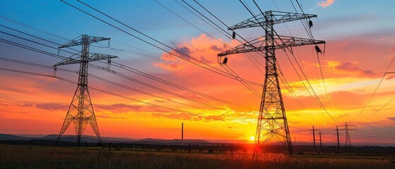 Two tall power lines are lit up in the evening sky