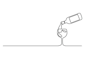 Poster - wine glass and bottle continuous one line drawing vector illustration. pro vector