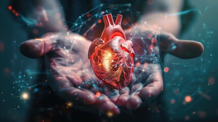 Wall Mural - A human heart floating in the palm of two hands, illuminated by medical science holograms.