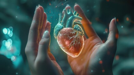 Wall Mural - A human heart floating in the palm of two hands, illuminated by medical science holograms.