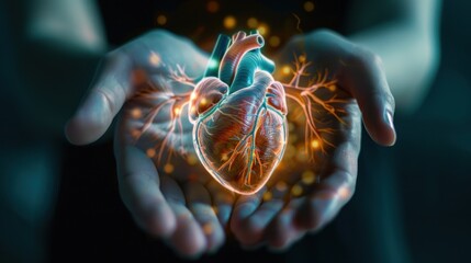 Wall Mural - A human heart floating in the palm of two hands, illuminated by medical science holograms.