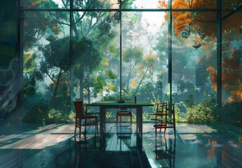 Wall Mural - A digital painting AI illustration of a room featuring a table, chairs, and a large window with trees visible outside.