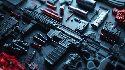 A high-tech array of futuristic weapons and accessories organized on a sleek, dark surface