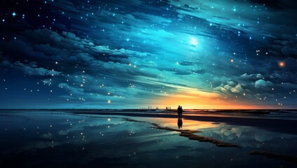 Wall Mural -  Aerial Reverie Starlit Symphony Over Ocean's Silhouette